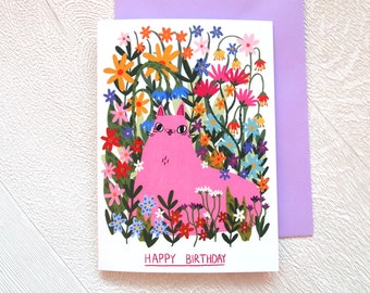 Pink cat with flowers Happy Birthday card