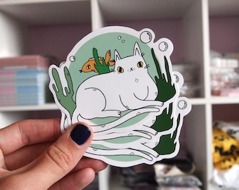 Pegatina de vinilo de gato bajo el agua, calcomanía de gato, pegatina de gato