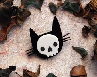 Spooky skull cat Halloween brooch, laser cut black cat skull brooch