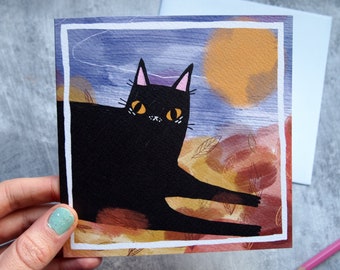 Black cat illustrated greetings card