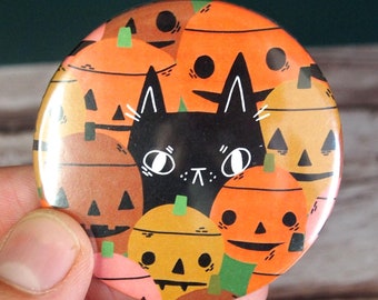 Halloween pumpkin cat badge, Black cat pin, Pumpkin cat button