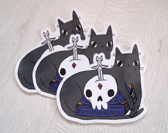 Spooky black cat vinyl stickers, occult book, Black cat sticker, Halloween