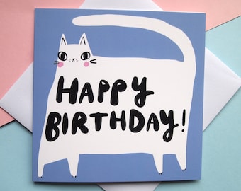 Cat design birthday card, Cat birthday card, cat greetings card, white cat, Happy Birthday
