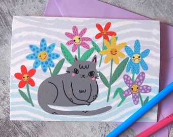 Cat and flowers greetings card