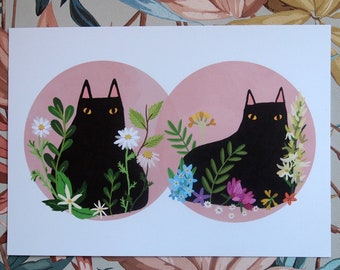 Cat art print, Black cats with flowers and foliage A4 illustrated art print, cat art