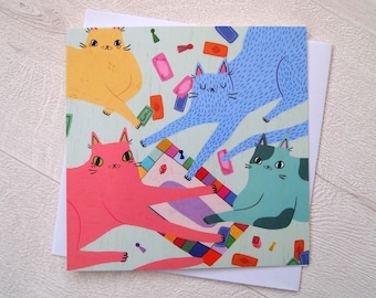 Cats playing board games greetings card