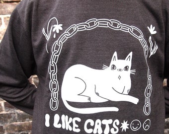 I Like Cats charcoal screen printed jumper, Cat sweater, I like cats