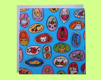 Cat themed fruit stickers illustrated greetings card