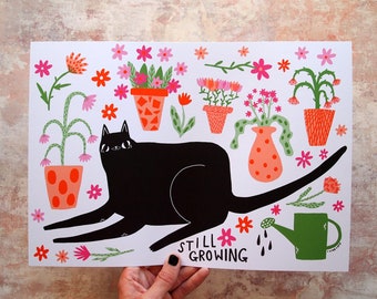Black cat with plants A3 art print