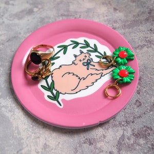 Pink illustrated cat jewellery trinket dish image 1