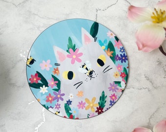 Cat with bees cat drinks coaster - cat gift, cat art, drinks coaster