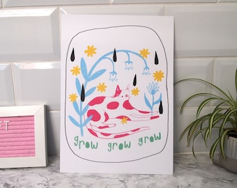 Grow grow grow, Cat and flowers illustrated art print