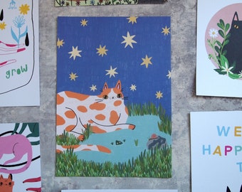 Cat and frog under the stars illustrated A4 art print