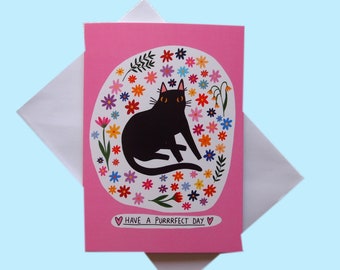 Have a purrrfect day, black cat and flowers birthday card