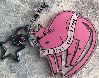 I Don't Care pink cat keychain