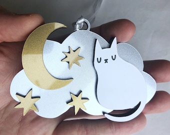 Cat, moon and stars acrylic Christmas ornament decoration