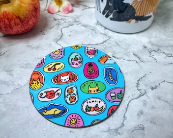 Fruity cats sticker design drinks coaster - fruit stickers, cat lover gift, cat art, drinks coaster