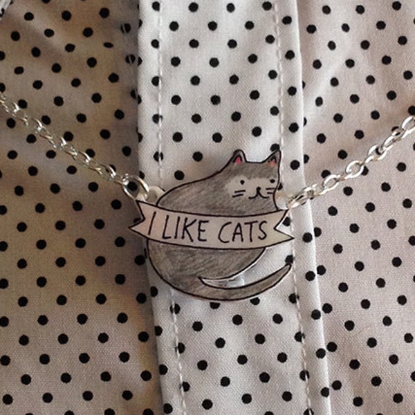 Grey I LIKE CATS necklace - Hand drawn cat necklace - I like cats - Cat necklace - Grey cat - Cat jewellery - Cats - Cat gifts - Cat lady