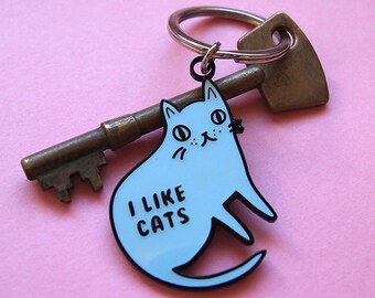 Enamel Cat Keyring - I like cats - Keyring - Cat kering - Enamel keyring - Blue cat - Cats - Cat gift - Keychain - Cat illustration - enamel