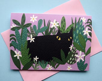 Black cat and plants greetings card