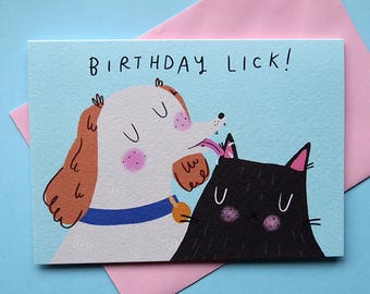 Cat and dog birthday card, 'Birthday lick!'