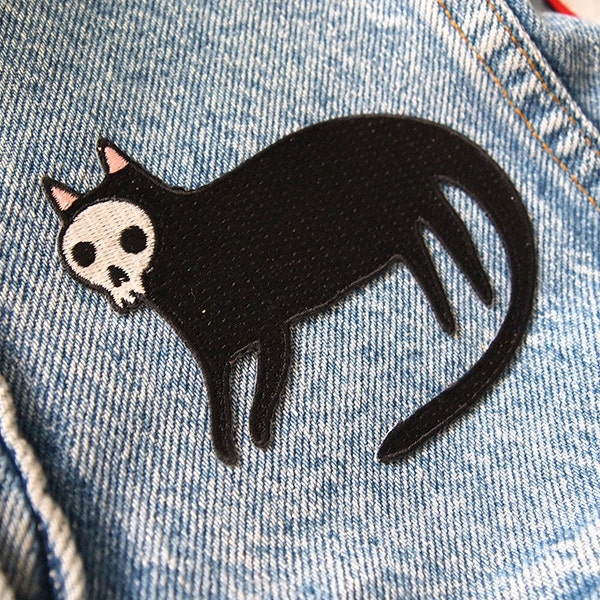 Skull Cat iron on patch - Halloween patch - I like cats - Cat patch - Cat embroidered patch - Halloween embroidered patch - skull - cat