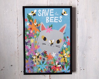 Save The Bees cat art print