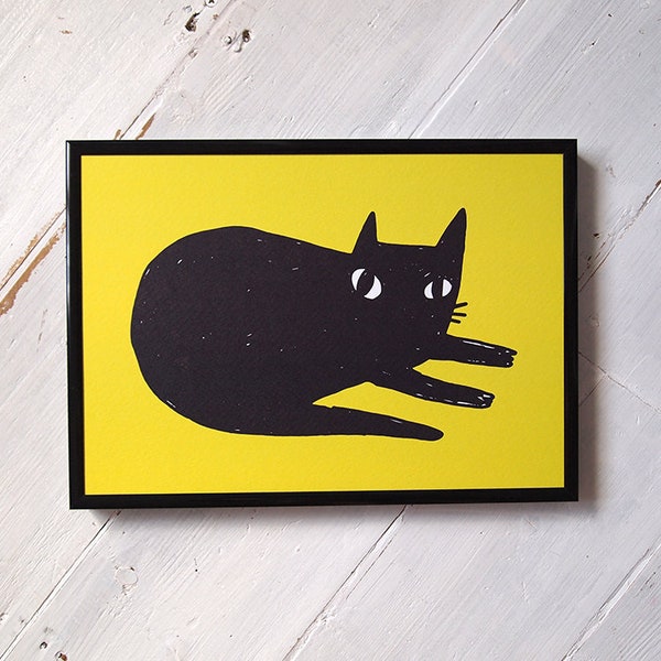Black cat yellow art print