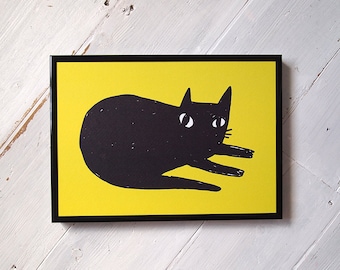 Black cat yellow art print