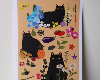 Black cats with plants, flowers, vegetables art print