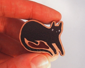 Black cat wooden illustrated brooch