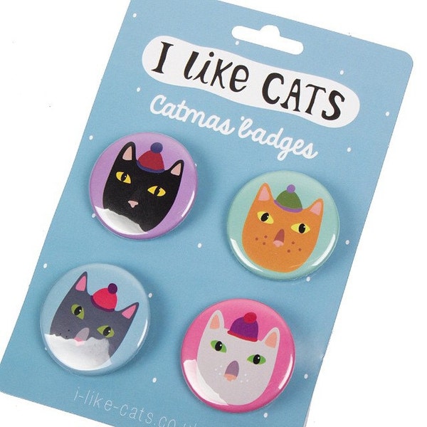 Four Cat Badges - Stocking Filler - Cat Badges - Catmas - I like Cats - Christmas badges - Cat Christmas - Cat Gift - Christmas gift - Xmas