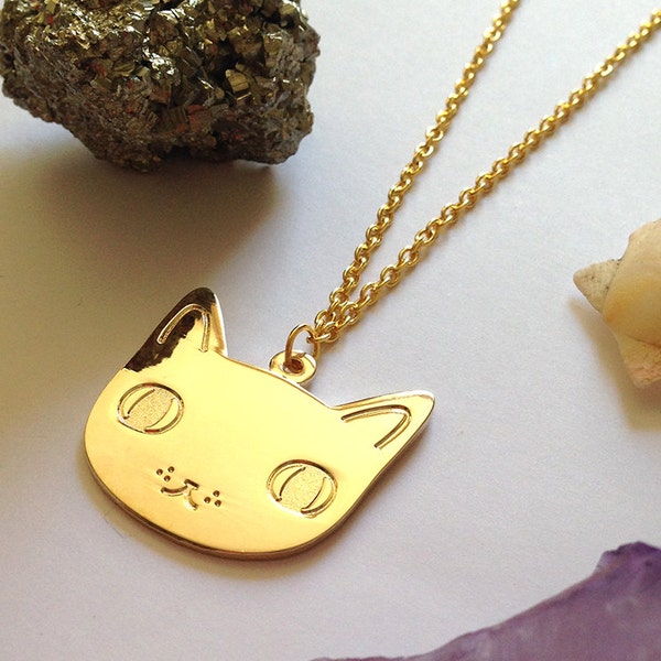 Cat Face Necklace - Cat Necklace - I like cats - Cat pendant - cat charm - Cat gifts - cat jewellery - gold cat jewellery - gold cat