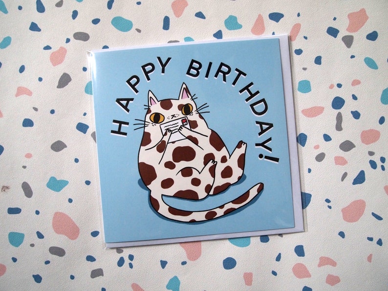 Splodge cat Happy Birthday greetings card, blank inside birthday card image 9