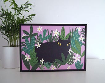 Black cat and plants art print