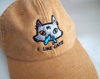 Cat face I Like Cats embroidered washed yellow vintage style baseball cap