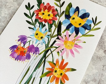 Flower cats art print, A4 print, cats and flowers