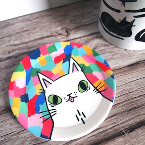 Plato para guardar joyas con forma de gato de colores, plato para guardar joyas con forma de gato, posavasos con forma de gato, recipiente para guardar todo tipo de cosas, plato para guardar joyas, plato para anillos