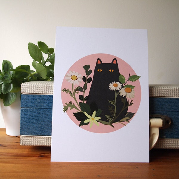 Black Cat with Foliage A5 Print - Black Cat illustration - Cat Print - I like Cats - Black cat - Cat illustration - Cat art - Wall art - art