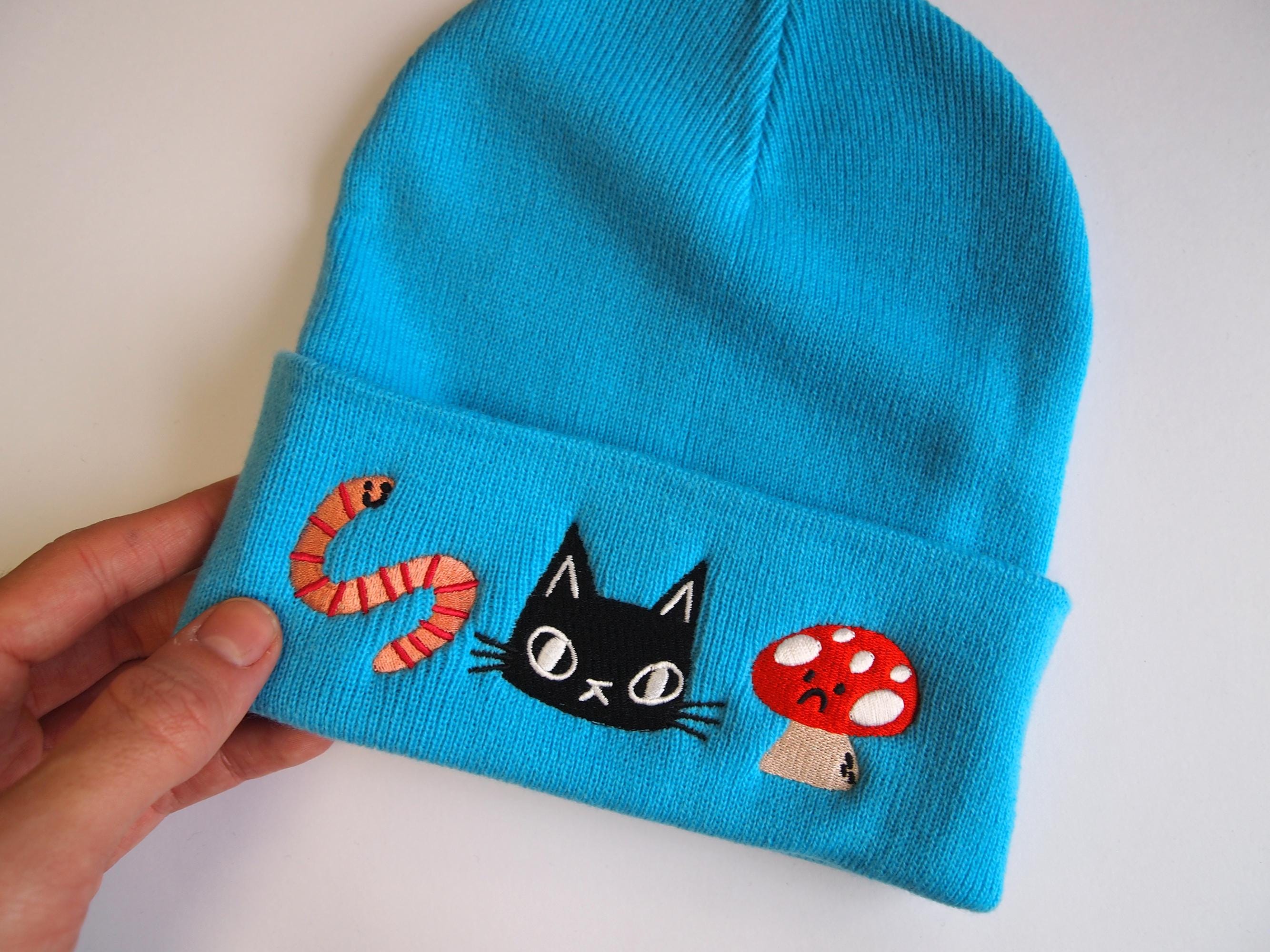 Embroidered Beanie Hat With a Cat, Worm and Mushroom, Blue 
