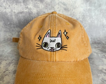 Yellow embroidered cat face vintage style baseball cap