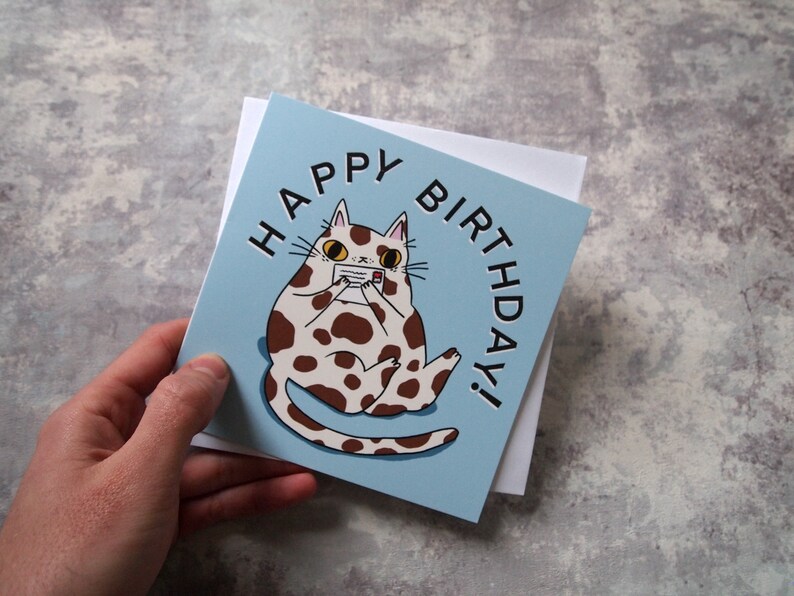 Splodge cat Happy Birthday greetings card, blank inside birthday card image 4