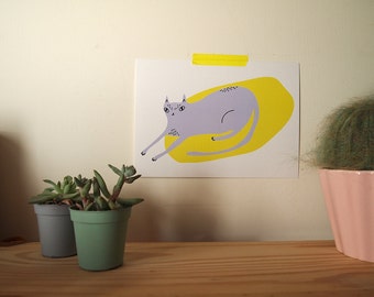 Purple cat art print with yellow background