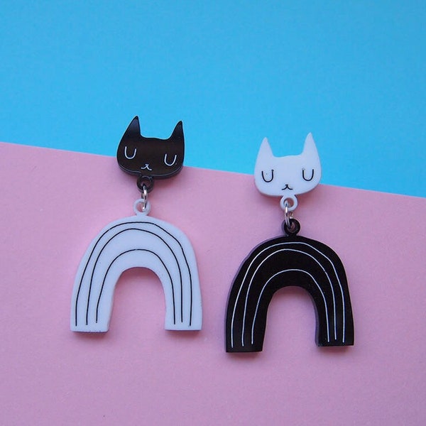 Monochrome rainbow cats black and white earrings