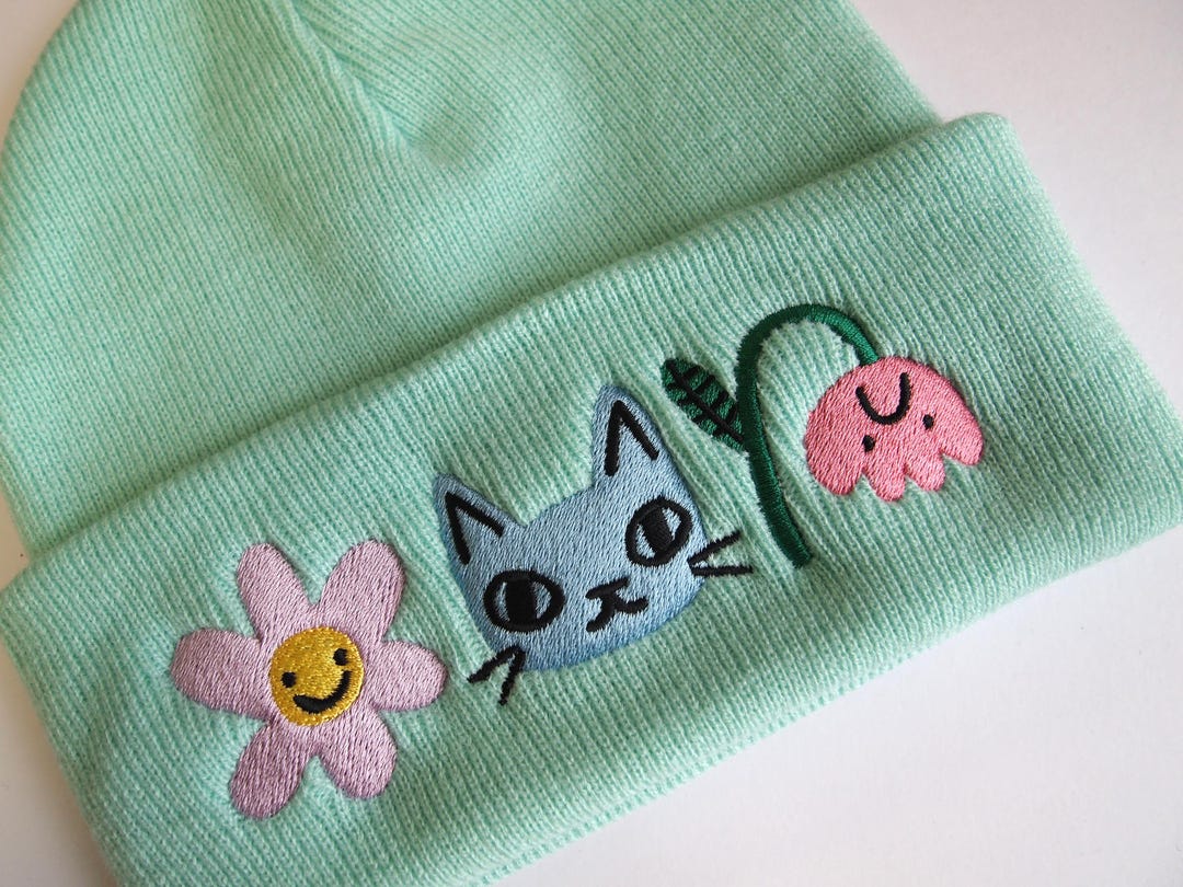Embroidered Orange Knit cat with Blue Flower & Mushroom Accents Hat Cute Cat and Dog Bucket Hat With Daisy on It, White and  main image 3