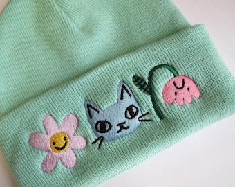 Cat and flowers embroidered beanie hat, knitted cat, embroidered beanie, cat beanie