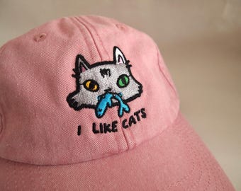 Cat face I Like Cats embroidered washed pink vintage style baseball cap
