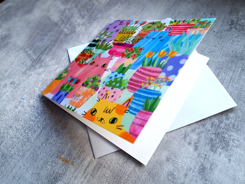 Cats and flowers square greetings card 画像 7