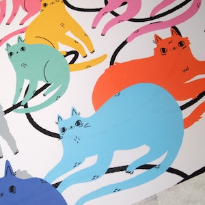 Colourful cats A4 illustrated art print