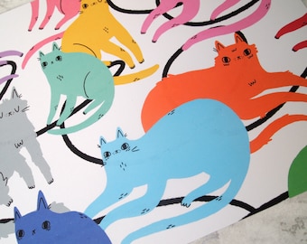 Colourful cats A4 illustrated art print